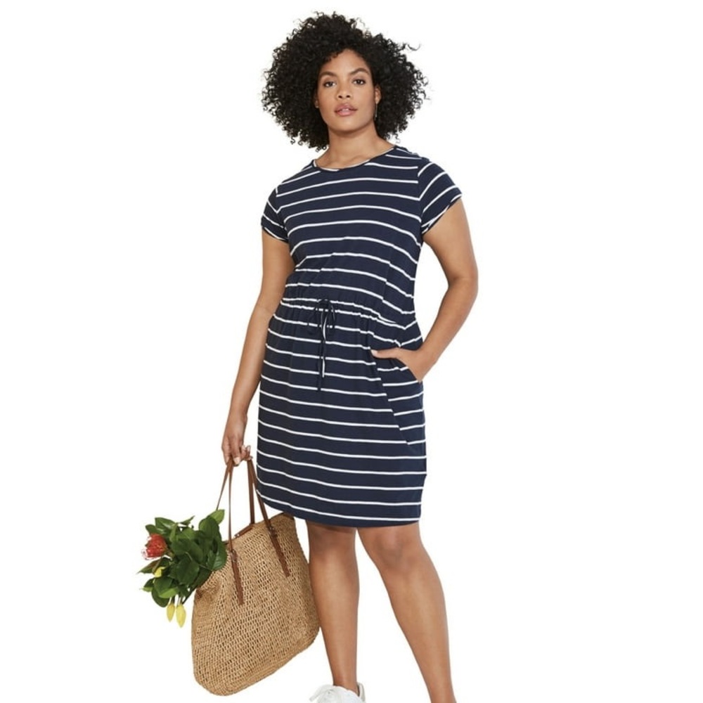 Ellos Women's Cotton Plus Size Knit Drawstring Dress Navy White Stripe Nautical